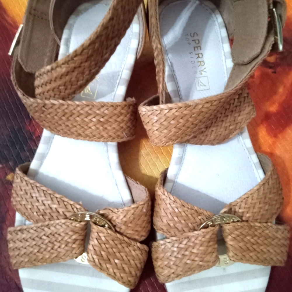 Sperry Top Sider Alvina Strappy Woven Leather Wedge Sandals sz7.5✨💥🤸🪆👡👠